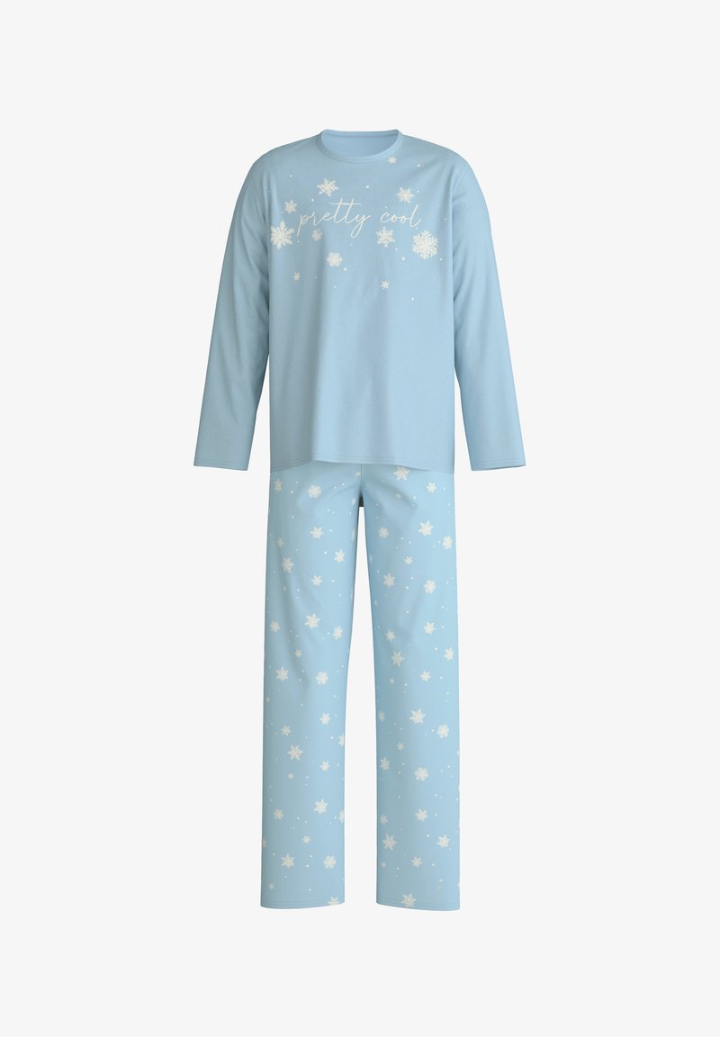 Lichtblauwe pyjama bovenkant met lange mouwen, met de tekst "pretty cool" en sneeuwvlokontwerpen. Bijpassende broek heeft verspreide witte sneeuwvlokpatronen.