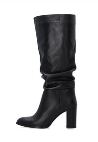 Schwarze knielange Stiefel aus glattem Leder mit einem lässigen Design, runder Spitze und einem stabilen Blockabsatz.