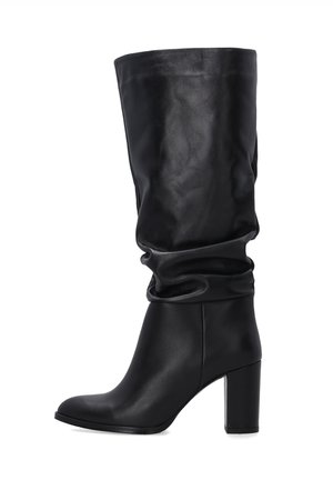 Schwarze knielange Stiefel aus glattem Leder mit einem lässigen Design, runder Spitze und einem stabilen Blockabsatz.