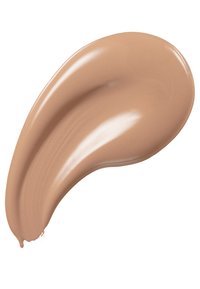 Flüssige Foundation in einem sanften Beige-Ton, glatte Textur, mit einem glänzenden Finish, in geschwungener Form auf einem weißen Hintergrund verteilt.