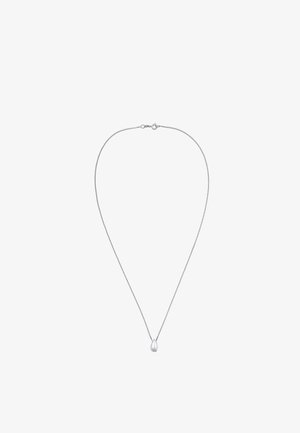 Silver chain necklace with a delicate, teardrop-shaped pendant. The chain features a subtle texture and clasp for secure wear.