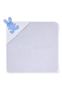 Asciugamano per bambini di colore viola chiaro con un motivo di coniglio blu e orecchie in tessuto sul cappuccio dell'angolo.