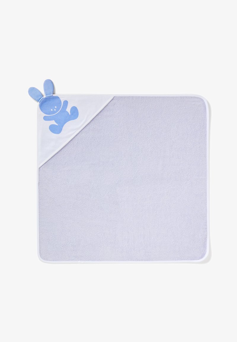 Světle fialová dětská osušku s modrým designem zajíčka a látkovými ušima na rohu kapuce.
