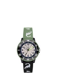 Grün-schwarze Uhr mit rundem Ziffernblatt, weißen Markierungen und einem gemusterten Silikonarmband, das Drucke von Klauen und Sternen zeigt.