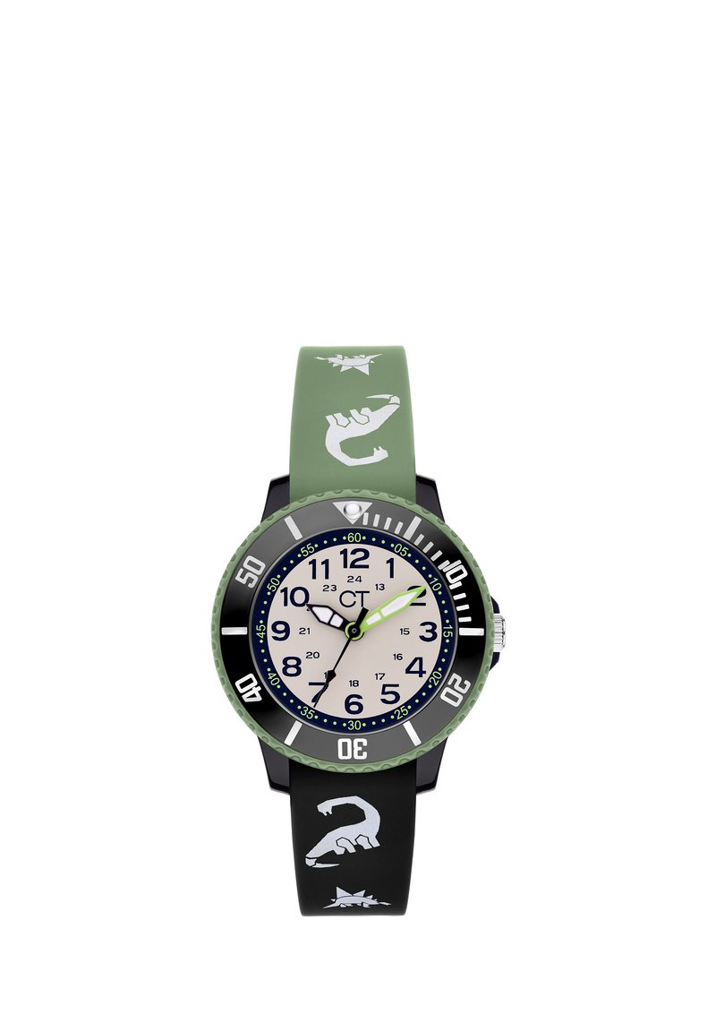 Grün-schwarze Uhr mit rundem Ziffernblatt, weißen Markierungen und einem gemusterten Silikonarmband, das Drucke von Klauen und Sternen zeigt.