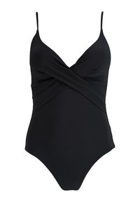 Zwart eendelig badpak met verstelbare spaghettibandjes, voorzien van een kruislings voorpand en glad, rekbaar materiaal.