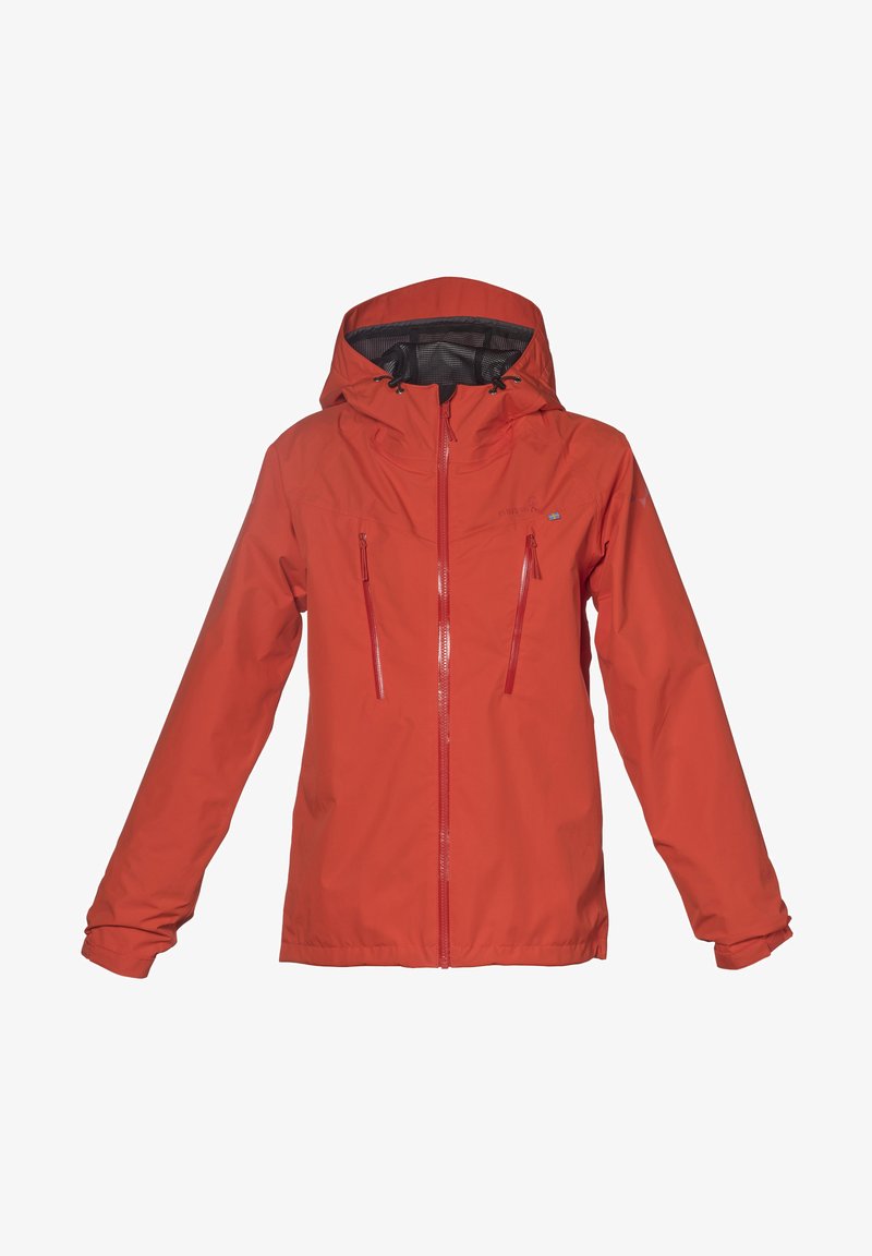 Rød vandtæt jakke med hætte, to frontlommer med lynlås, justerbare manchetter og et elegant design med kontrastfarvede lynlåse.