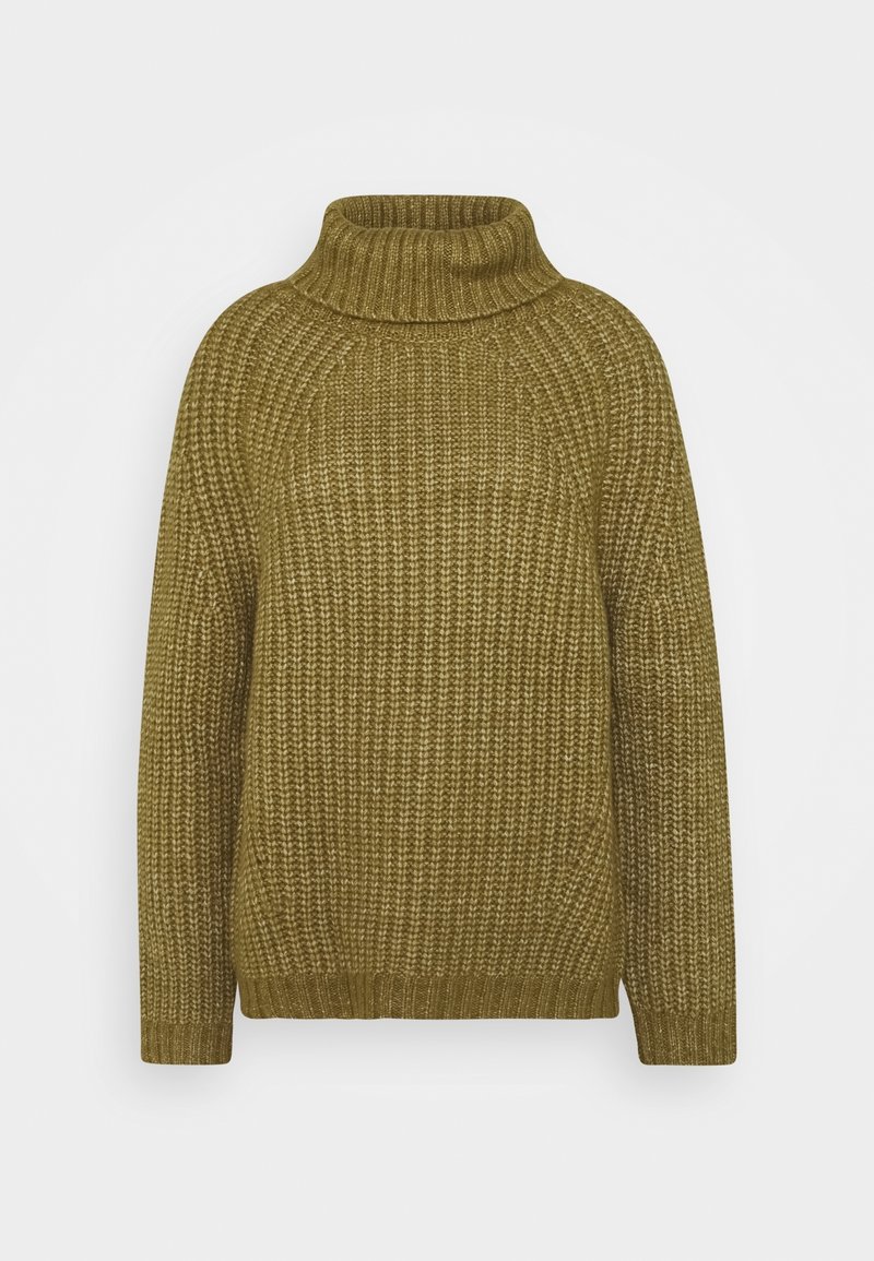 Pull en tricot épais couleur olive avec un col montant, une texture côtelée et des manches longues. Coupe décontractée avec des fentes latérales à l'ourlet.