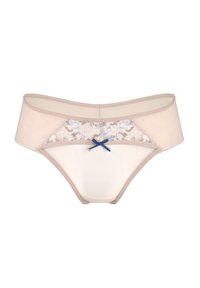 Beżowe figi damskie z koronkowym panelem z przodu i małą niebieską kokardką. Miękka tkanina o gładkiej fakturze, elastyczny pas.