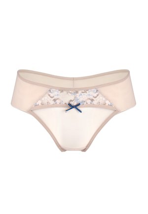 Beżowe figi damskie z koronkowym panelem z przodu i małą niebieską kokardką. Miękka tkanina o gładkiej fakturze, elastyczny pas.
