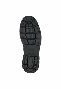 Suela de zapato de goma negra con patrones de profundidad, que presenta ranuras redondeadas y angulares para mayor agarre. Incluye el logotipo de la marca cerca del talón.