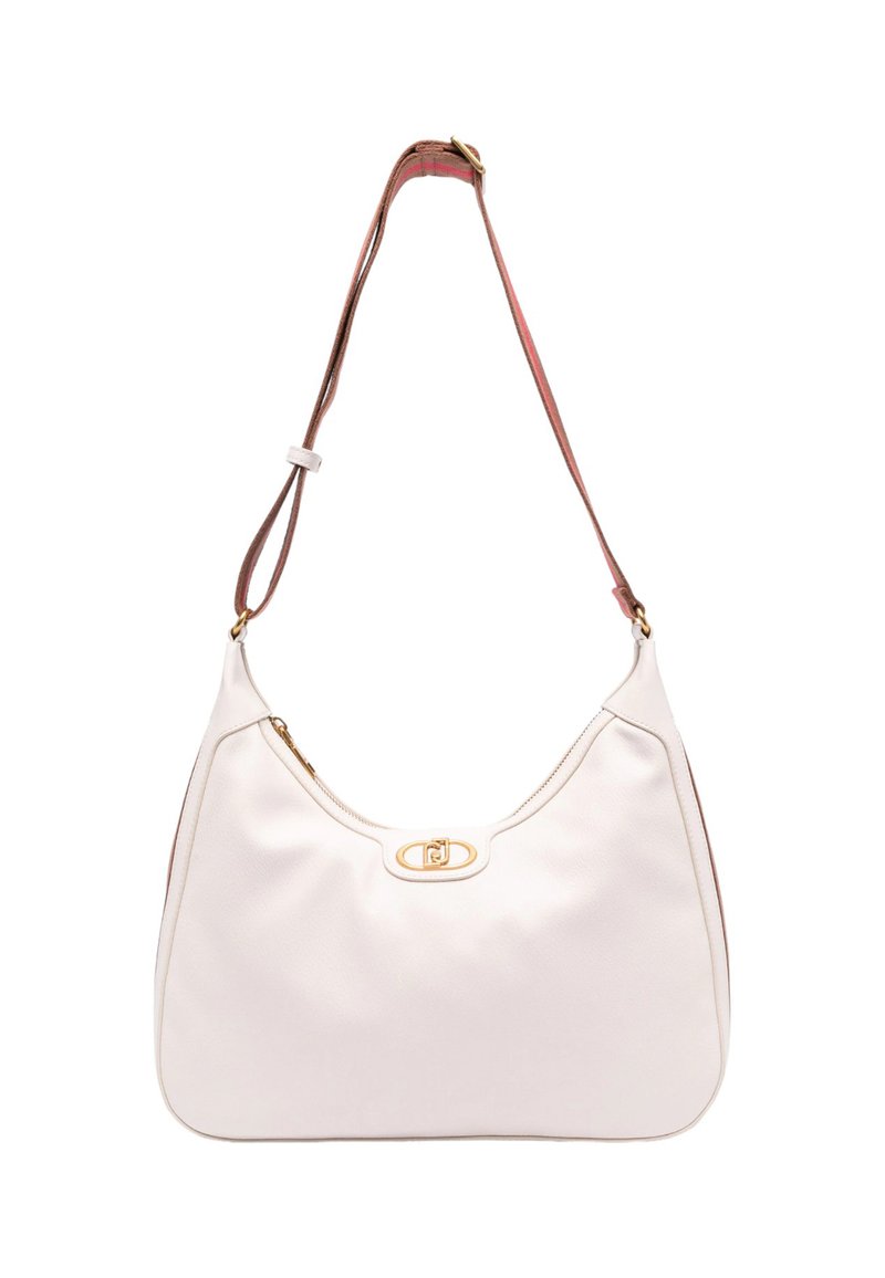 Borsa a spalla in pelle bianca dalla forma curvata, con hardware dorato e chiusura a zip. La tracolla presenta un accento rosa e una fibbia regolabile.