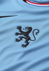Jasnoniebieska koszulka sportowa wykonana z oddychającego materiału, z czarnym herbem lwa i czarnym logo Nike na górnym lewym rogu.