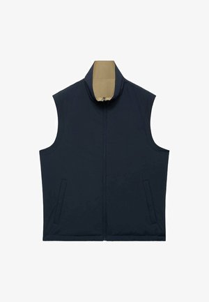 Marineblaue ärmellose Weste mit einem Reißverschluss und zwei seitlichen Taschen. Glatte Textur mit hohem Kragen und kontrastierender Innenauskleidung.