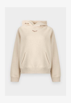 Sweat à capuche beige avec poche kangourou à l'avant et petit motif d'aile brodé marron sous l'encolure.