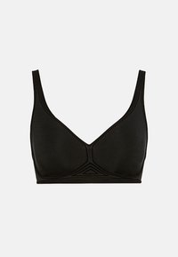 Svart tr�ådlös behå med slät tyg, triangulära kupor och breda band. Har subtila texturerade detaljer längs bandet och sömmarna.