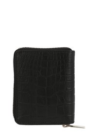 Black zippered wallet made of textured faux leather featuring a crocodile skin pattern and a silver zipper pull hardware. Compact square shape.