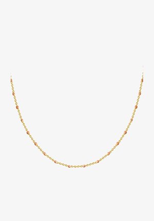 Collier en chaîne dorée avec de petites perles rondes orange espacées uniformément sur toute sa longueur, mettant en avant un design délicat et une texture lisse.