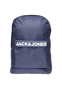Navy blue backpack made of durable fabric, featuring a front pocket with a white logo and a zippered closure. Smooth texture, rectangular shape.