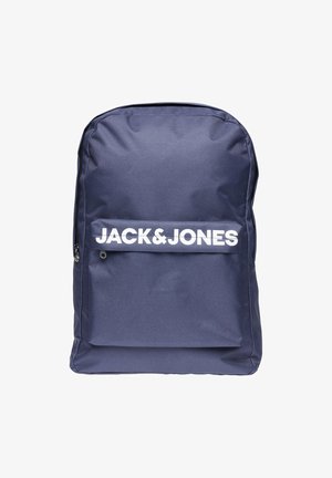 Navy blue backpack made of durable fabric, featuring a front pocket with a white logo and a zippered closure. Smooth texture, rectangular shape.