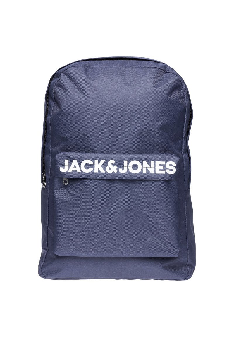 Navy blue backpack made of durable fabric, featuring a front pocket with a white logo and a zippered closure. Smooth texture, rectangular shape.