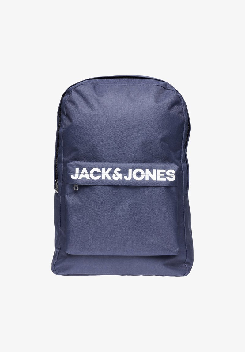 Navy blue backpack made of durable fabric, featuring a front pocket with a white logo and a zippered closure. Smooth texture, rectangular shape.
