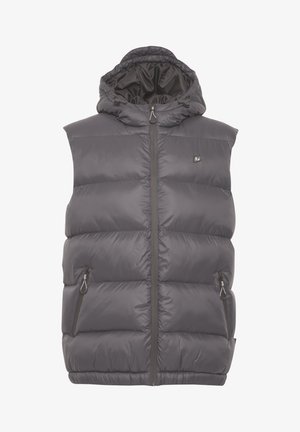 Halli halliga vest, millel on kapuuts, täispikk eeslukk, küljetaskud ja sile, läikiv tekstuur. Kerge ja soojustatud disain.