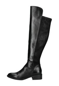 Botas negras hasta la rodilla que combinan piel suave y ante blando, con un tacón cuadrado modesto y diseño de punta redonda.