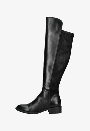 Botas negras hasta la rodilla que combinan piel suave y ante blando, con un tacón cuadrado modesto y diseño de punta redonda.