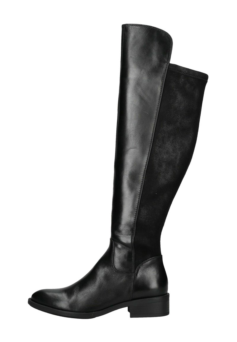 Botas negras hasta la rodilla que combinan piel suave y ante blando, con un tacón cuadrado modesto y diseño de punta redonda.