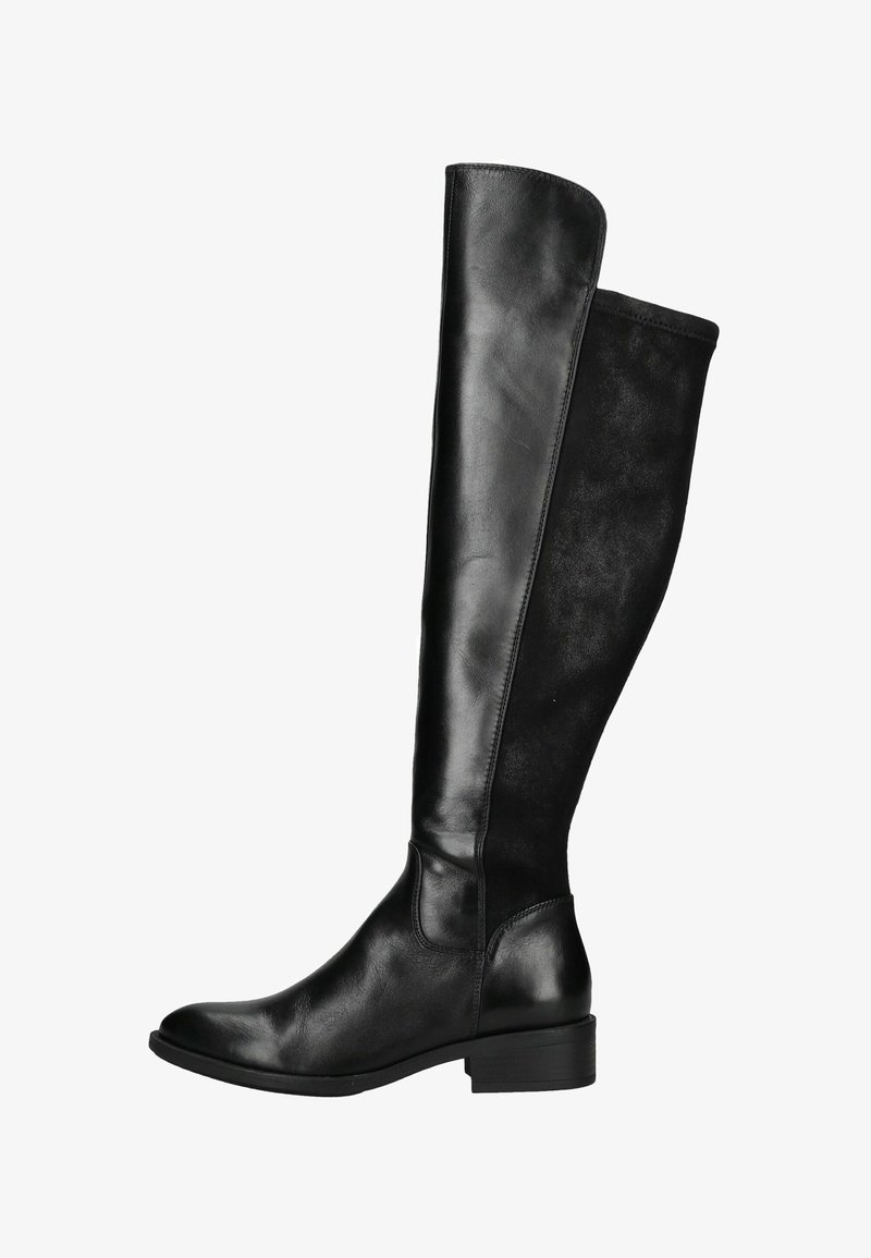 Botas negras hasta la rodilla que combinan piel suave y ante blando, con un tacón cuadrado modesto y diseño de punta redonda.