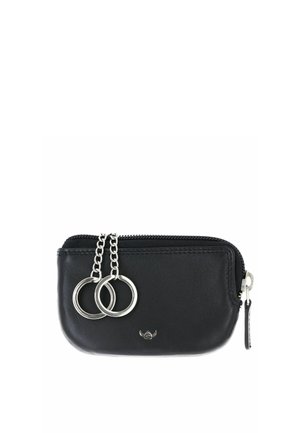 Pochette zippée en cuir noir avec deux anneaux porte-clés argentés fixés par des chaînes et un petit logo métallique à l'avant.