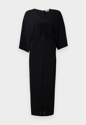 Juodasis midi suknelė su trumpomis kimono rankovėmis, priekyje rišamuoju detaliu, užtrauktuku ir prigludusia siluetu. Lycra audinys, minimalistiškas dizainas.