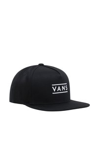 Gorra snapback negra de algodón con visera plana y agujeros de ventilación, que presenta un logo bordado en blanco de "VANS" en la parte frontal.