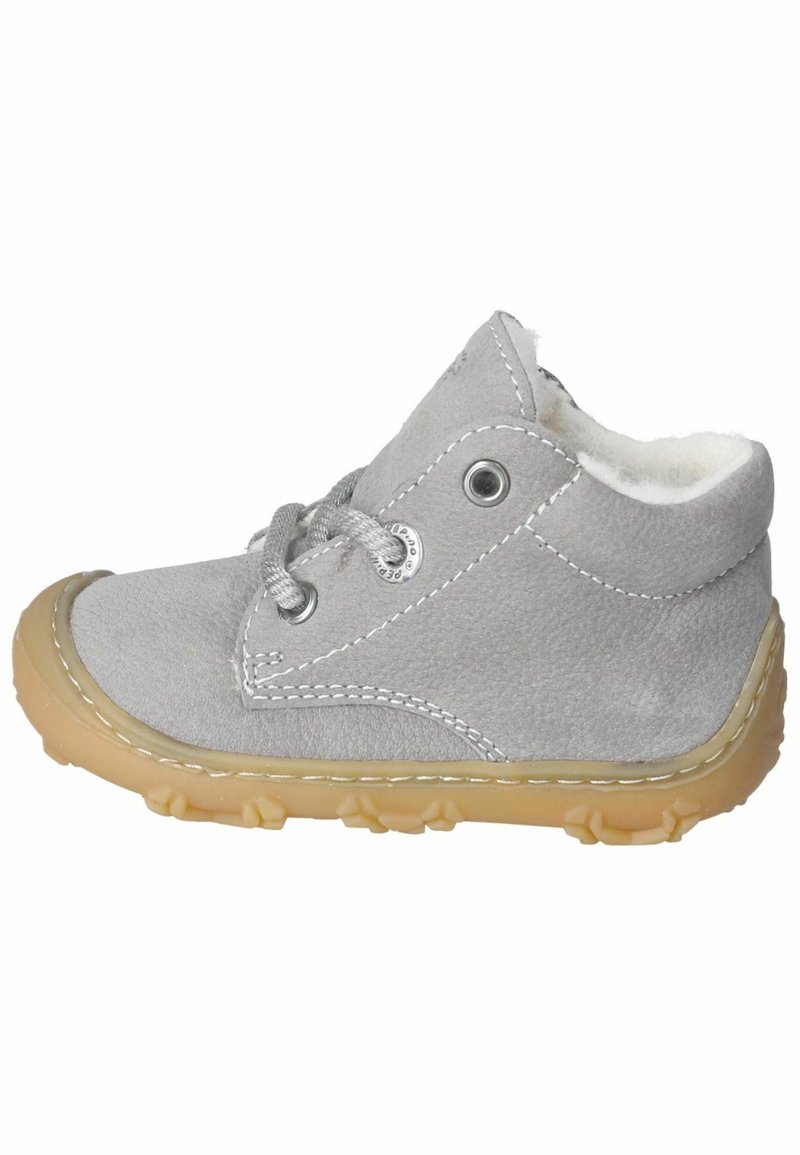 Graue Wildleder-Ankle Boots mit Schnürdesign, Gummisohle und weicher Innenauskleidung. Verfügt über Ösen und kontrastierende Nähte.