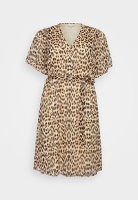 Abito avvolgente con stampa leopardata, con maniche corte, scollatura a V e cintura regolabile in vita. Realizzato in tessuto leggero e trasparente.