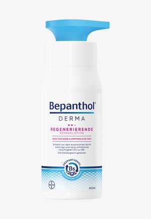 Bepanthol Derma regenerierende Körperlotion für sehr trockene, empfindliche Haut, enthält Dexpanthenol und Vitamin B5, 400 ml weiße Flasche mit blauem Verschluss.