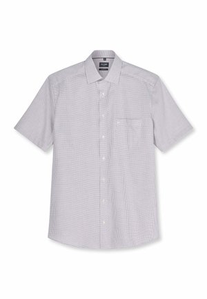 Camicia da uomo a maniche corte con bottoni, piccolo motivo a quadretti in grigio chiaro e bianco, con taschino frontale.