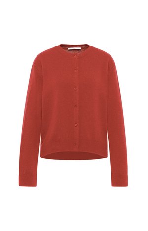 Roter Strickkarten mit langen Ärmeln, runder Ausschnitt und Knopfverschluss vorne, vorne etwas kürzerer Saum.