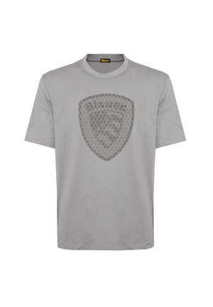 Lichtgrijs T-shirt met korte mouwen, een ronde hals en een groot schild met een ruitpatroon in het midden vooraan.
