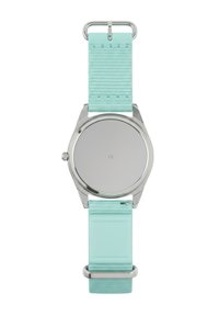 Orologio in acciaio inossidabile con cassa rotonda argentata, dotato di una lunetta liscia e un cinturino in tessuto testurizzato di un leggero verde menta con dettagli in metallo.