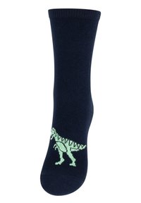 Calzino di cotone blu navy con una grafica di dinosauro verde sul lato esterno, bordo a costine, texture liscia e lunghezza a metà polpaccio.