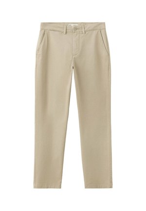 Pantalones beige de corte recto con trabillas para cinturón, botón delantero, cierre de cremallera y bolsillos laterales mostrados sobre fondo blanco.