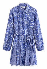 Blaues Kleid mit einem blühenden weißen Muster. Hat lange Ärmel, einen Kragen, eine Knopfleiste und eine taillierte Taille mit einem Bindegürtel. Ausgestellter Rockdesign.