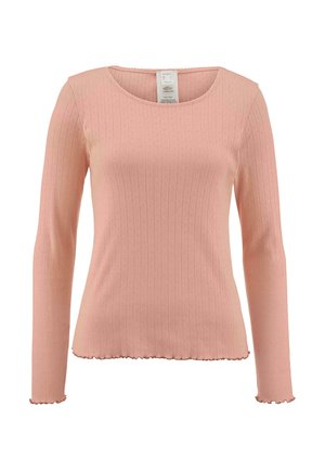 Top rosa a maniche lunghe con texture a coste e orlo ondulato. Presenta un colletto rotondo e una silhouette aderente.