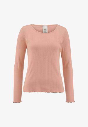 Haut rose à manches longues avec une texture côtelée et un ourlet à volants. Doté d'un col rond et d'une silhouette ajustée.