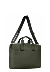 Grüne Leder-Laptoptasche mit zwei oberen Griffen und einem verstellbaren Schultergurt. Verfügt über einen Reißverschluss und ein minimalistisches Design.