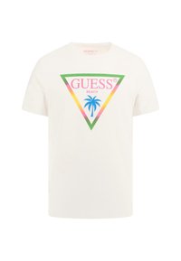 Kahvaltøjs T-shirt i creme med en farverig, tredimensionel grafik med et palmetræ og "GUESS BEACH"-tekst i pink og grønne nuancer.