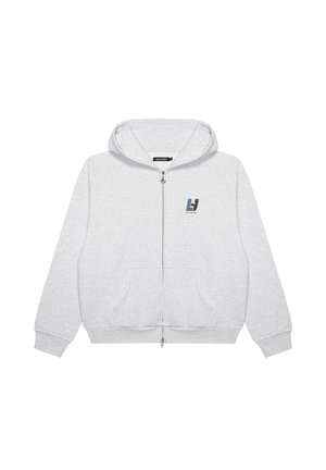 Szara bluza z kapturem, wykonana z miękkiego materiału, z przednią kieszenią typu kangaroo i małym niebieskim logo na lewej piersi. Projekt dostępny.