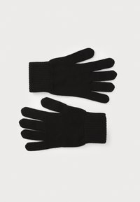 Mănuși tricotate negre cu manșetă ribbed, având compartimente pentru degete. Textură moale și design fără cusături pentru confort și căldură.